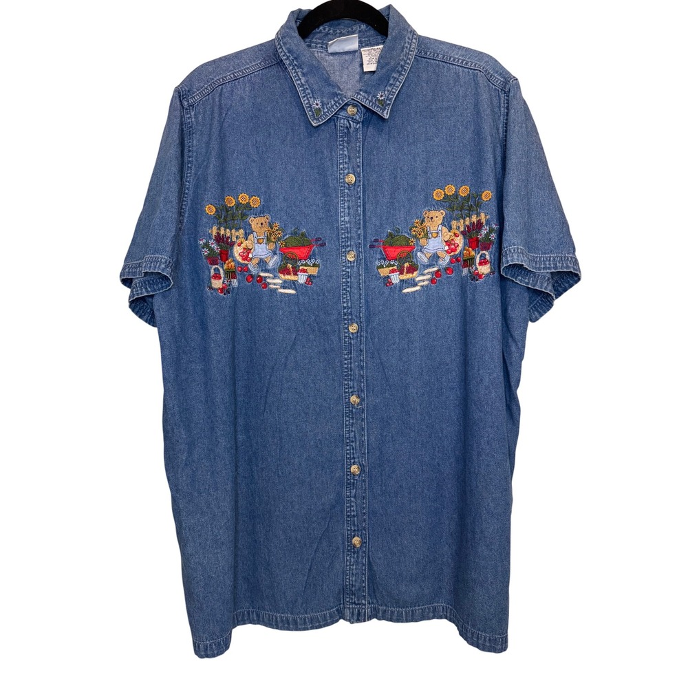 Vintage Denim Button Down‎ Shirt Size 18W Teddy Bear Embroidery Cottagecore Fall
